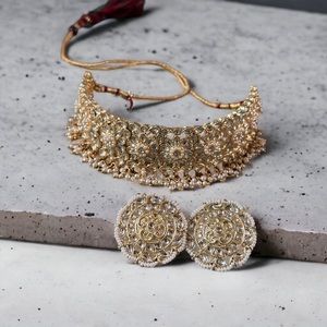 Shimmering Kundan Gold Plated Pearl Choker Necklace Set Worn